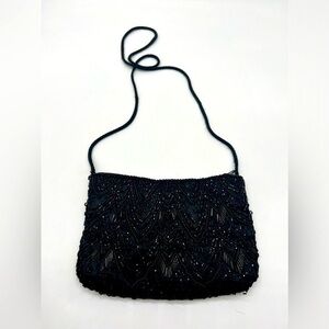 Beaded black evening purse with 18” drop